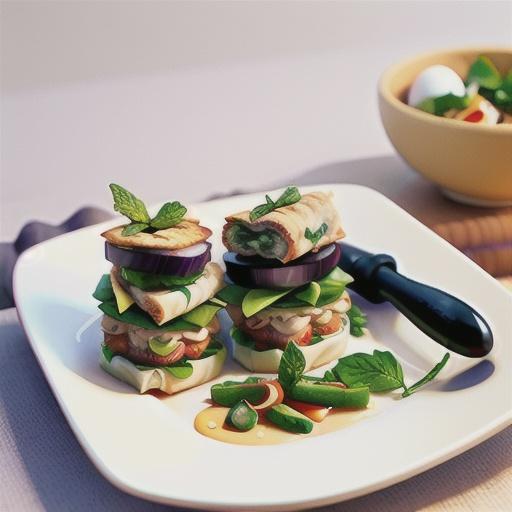 Tuna & egg briks with eggplant and mint salad