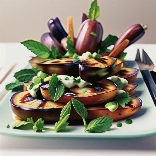 Eggplant, tomato and parsley salad with mint yoghurt dressing