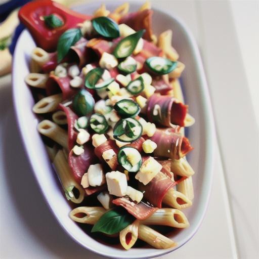 Baked penne with capsicum, artichoke and feta