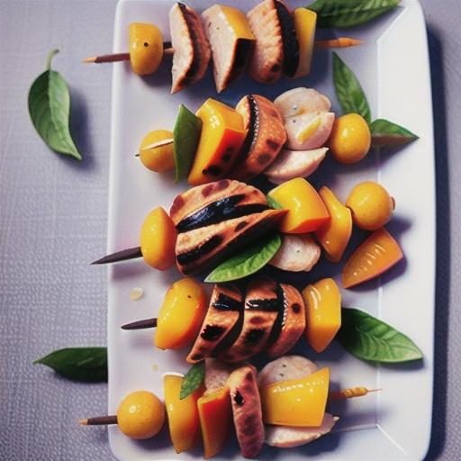 Apricot chicken kebabs with pickled carrot and rice salad