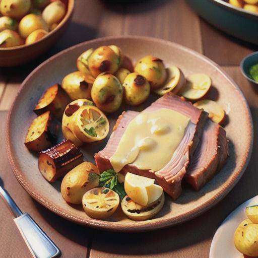 Crackling pork rack roast with lemon jus and kipfler potatoes