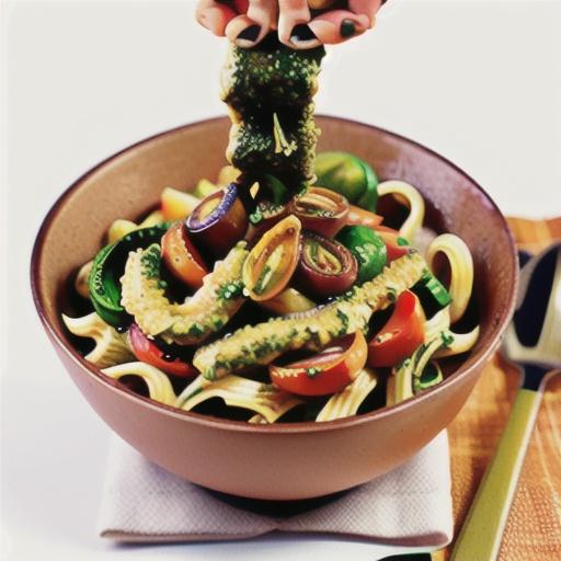 Fusilli with roasted vegetables and basil pesto