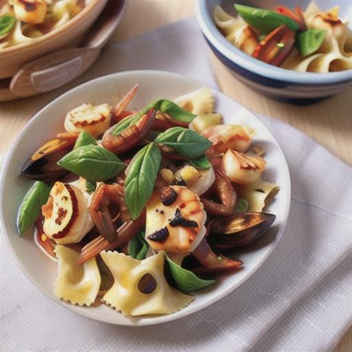 Farfalle with haloumi and prawns
