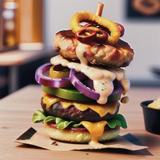 Beef burger with buttermilk onion rings and bacon aioli