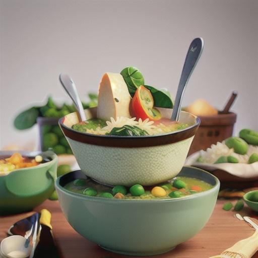 Rice soup with peas and spinach