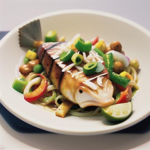 Barbecued fish with coconut noodle salad