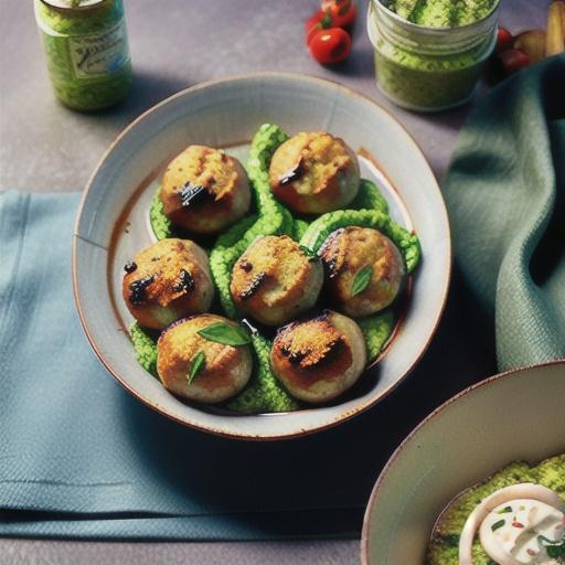 Oven-roasted meatballs with kale pesto and mozzarella