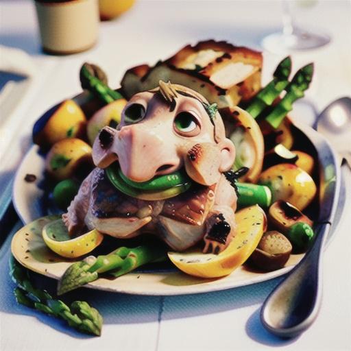 Roast pork with potatoes, lemon, mushrooms and asparagus