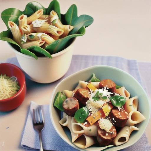 Chipolata sausage pasta with rocket and parmesan salad