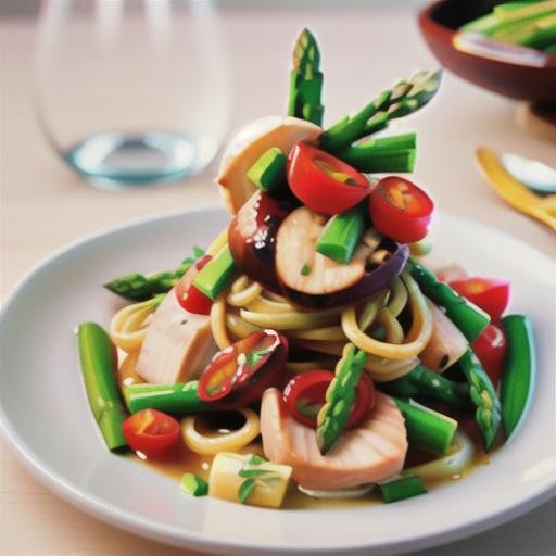 Poached chicken and asparagus spaghetti