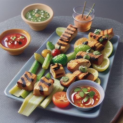 Barbecued chicken bites with nuoc cham and cherries