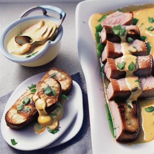 Roast pork cutlets with creamy mustard sauce