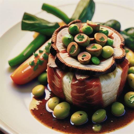 Garlic-studded veal with mushrooms & green olive gremolata