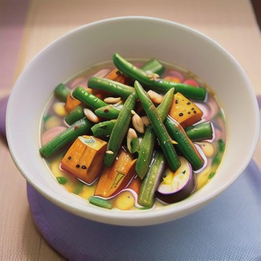 Eggplant, sweet potato and green bean noodle soup