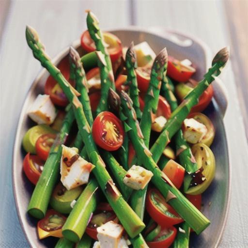 Grilled asparagus with tomato and feta