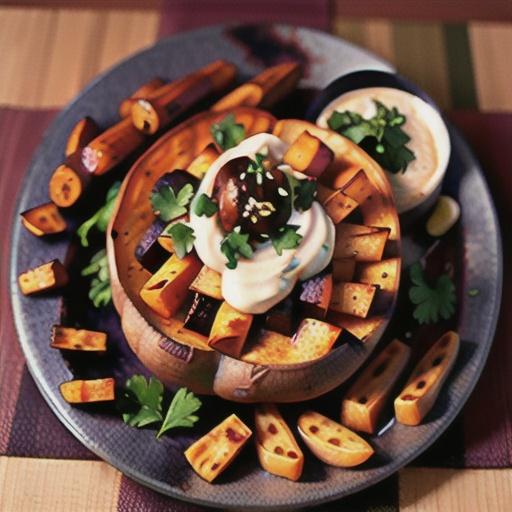 Grilled Sweet Potatoes with BBQ Baked Beans and Cilantro Cream