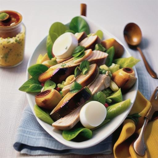 Poached chicken salad with maple-baked pears