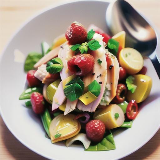 Poached chicken salad with tomato and raspberry dressing