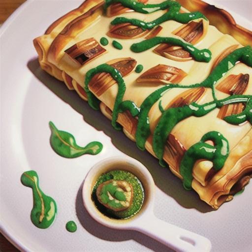 Roasted vegetable strudel with pesto sauce