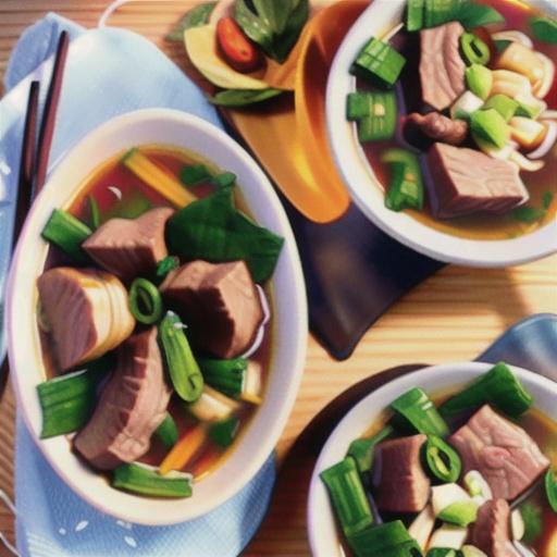 Spicy Asian beef soup with noodles and Chinese greens