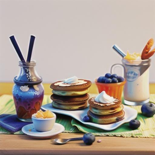 Coconut and blueberry pancakes with creme fraiche & orange syrup