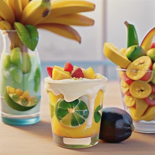 Tequila-lime cremes with mango, bananas, and passionfruit