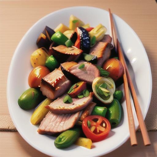 Chinese roasted pork with stir-fried vegetables