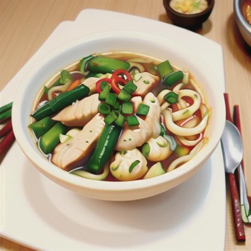 Spicy chicken dumpling and noodle soup