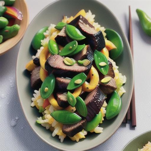 Beef and snow pea stir-fry with easy fried rice