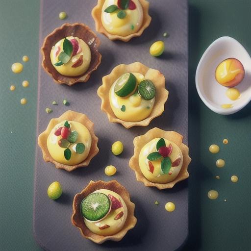 Lime and passionfruit curd tartlets with toffee