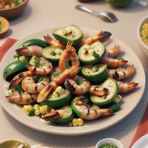 Barbecued prawns with corn, bacon, blistered jalapeno, and avocado puree