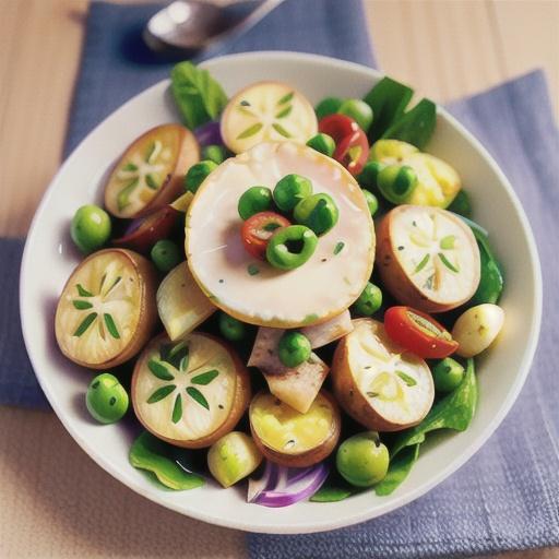 Smashed potato, pea and chicken salad