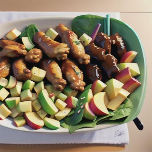 Sticky wings with spinach and apple salad