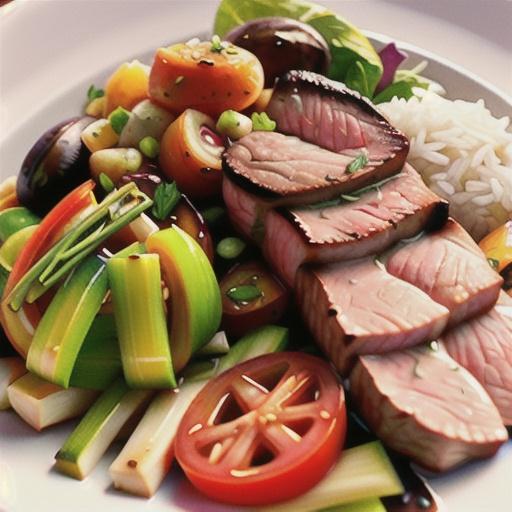 Garlic steak with warm rice salad