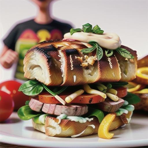 Lamb steak sandwich with roasted garlic mayo and tomatoes