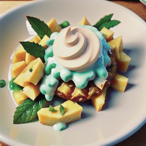 Fresh pineapple with crème fraîche and mint