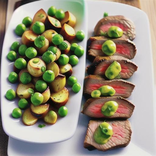 Steak with salsa verde, braised potatoes and peas