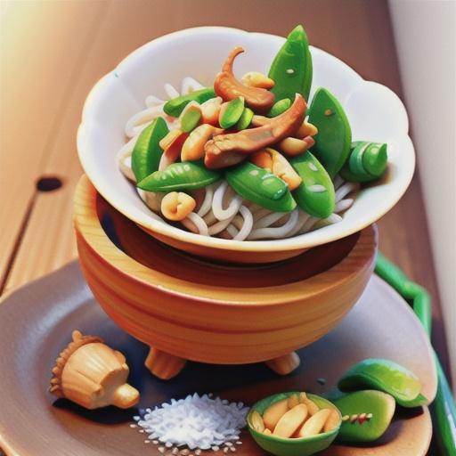 Peanut and ginger lamb with snow peas and rice noodles