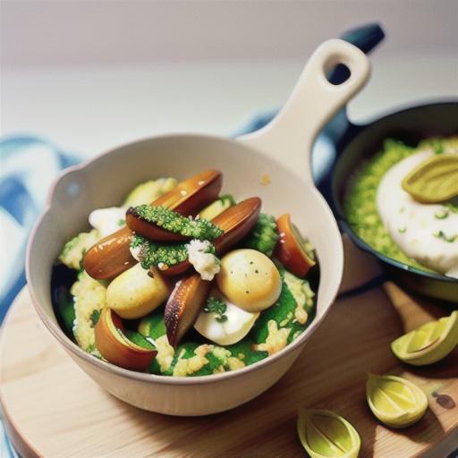 Oven-baked risotto with pesto and goat's curd