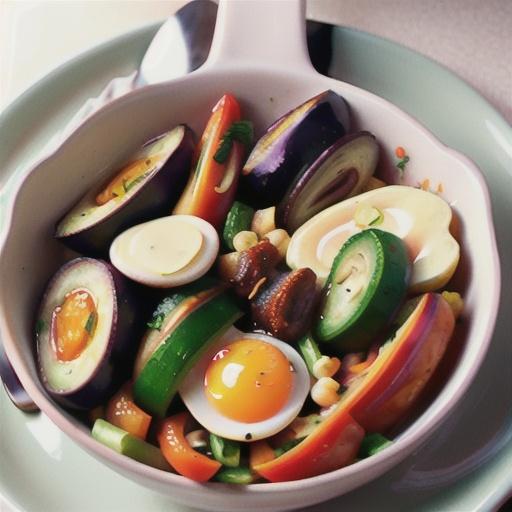 Vegetable casserole with simmered eggs (vegetarian)