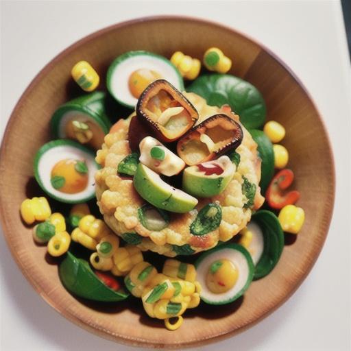 Crab and corn cakes with spinach and avocado salad