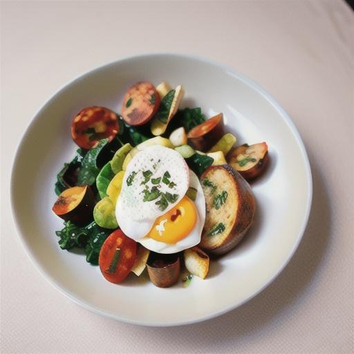 Kale, fried chorizo & crusty croutons with a poached egg