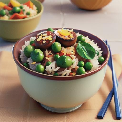 Fried rice with sausage, egg and peas