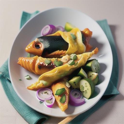 Hot and sour fish parcels with cucumber salad