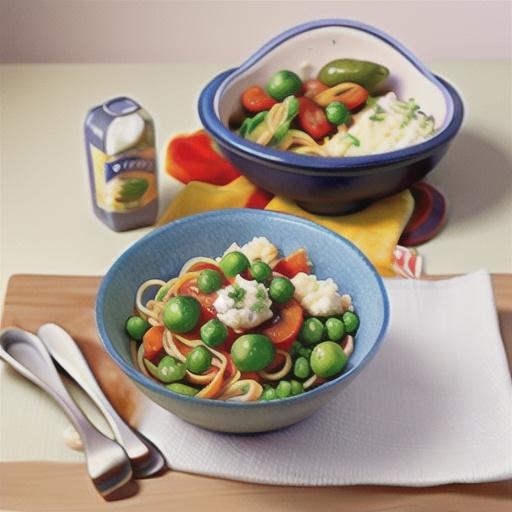 Spaghetti with crushed peas, bacon and ricotta