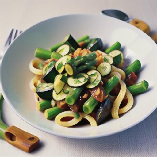 Zucchini flower and asparagus pasta