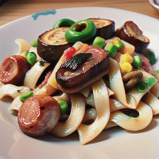 Broken Pasta with Mushroom, Onion, and Crispy SPAM