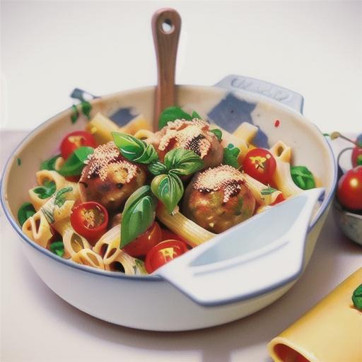 Cherry tomato and basil pasta bake with meatballs