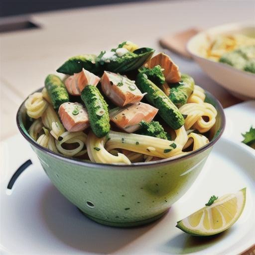 Salmon pasta with mint and almond pesto