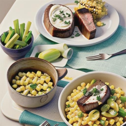 Steak with creamed corn and spring onions
